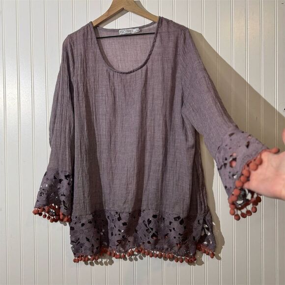 Retro Threads Boho Tunic Top Women’s L Purple Crochet Bell Sleeve Blouse - Picture 2 of 9
